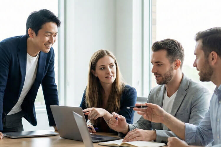 外国人と会議する男性